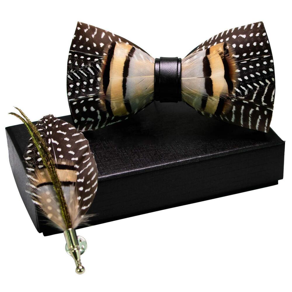 1270 Leather Feather Handmade Pre-tied Bow tie and Brooch Sets 2 - Picture 2 of 6